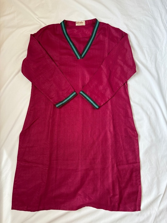 fabindia Dresses & Skirts - Fabindia Silk Blend A-Line Dress Women’s L Magenta Teal Navy Blue Trim Artisan